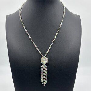 Vintage Rainbow Rhinestones Necklace With Dangling Rhinestone Tassels, Unsigned~